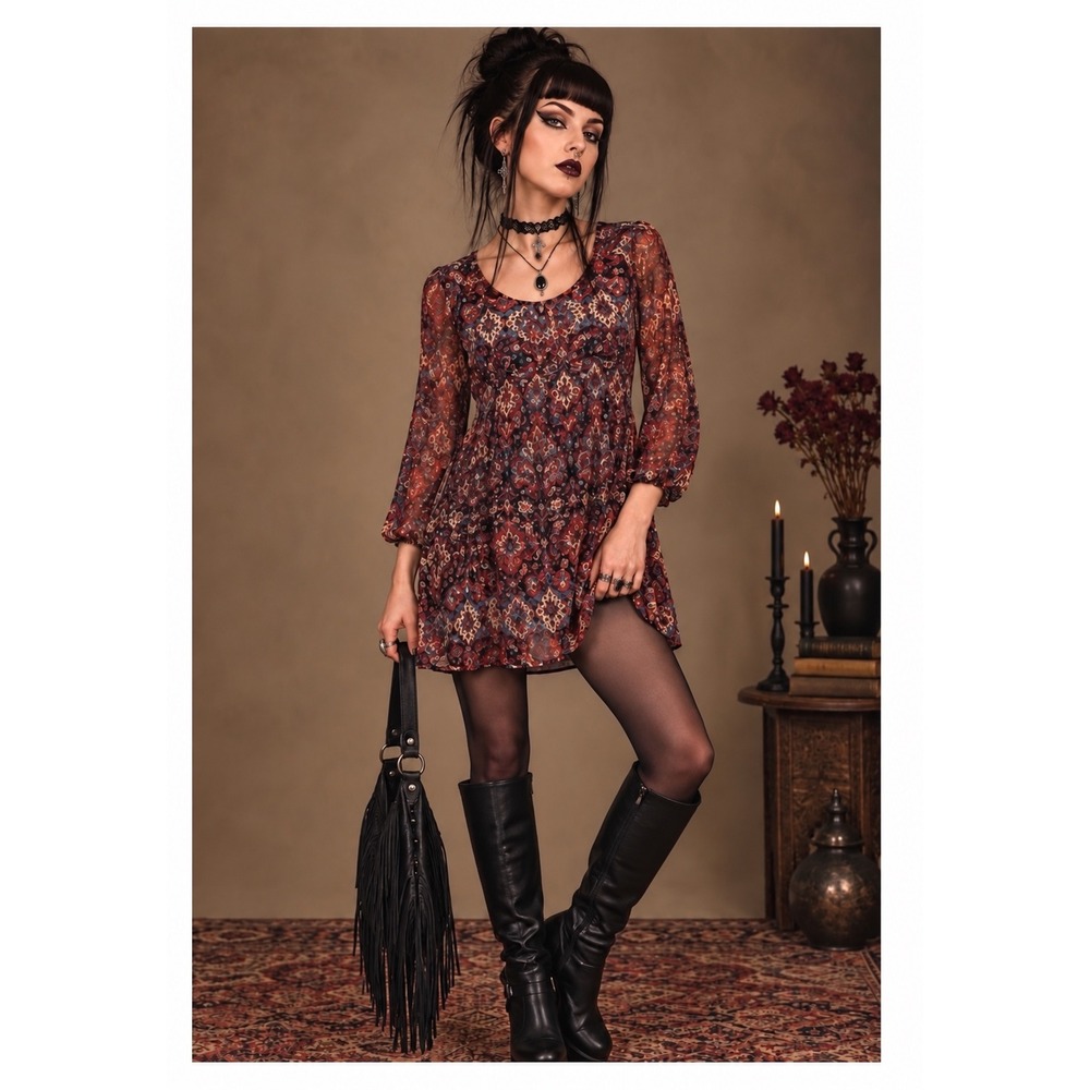 Daytrip XS Paisley Print Mini Dress Keyhole Back Long Sleeve Soft
Goth Boho